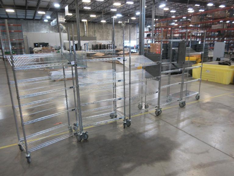 Uline Rolling Metal Wire Carts with Angled Shelves (5 total) (4) 36" x 18" x 78" High and (1) 36" x 24" x 78"- Auction Item