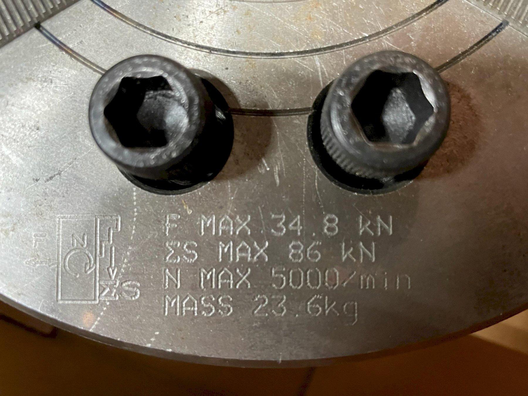 8" KITAGAWA B-208 3-JAW HYDRAULIC CHUCK, 52mm/2.1" Hole, 7.4mm/0.29" Jaw Stroke, 5000 RPM Max Speed, 86 kN Clamp Force, Lubrication Nipple on each Master Jaw.