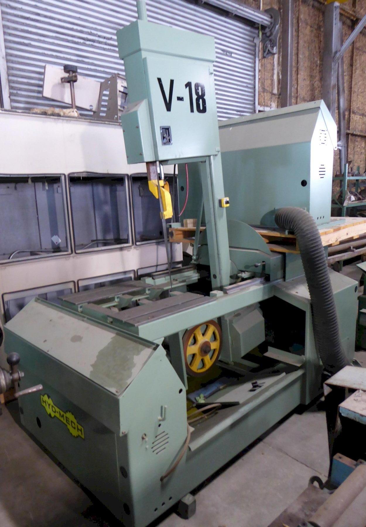 18″ x 28″ HYD-MECH Vertical Band Saw V-18, Tilt Frame, Canted Head, 18″ Rounds, 1-1/4″ Blade, 5 HP, 1998, For Special Applications