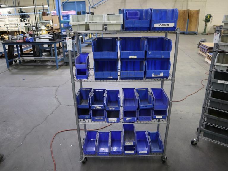 Rolling Wire Rack, (4) Shelves with Plastic Bins 36"x14"x55"- Auction Item