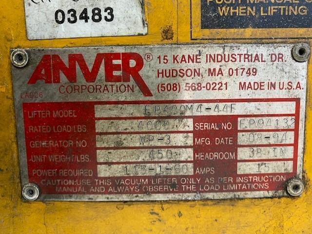 4,000LBS  ANVER ELECTRIC POWERED VACUUM LIFTER / SHEET LIFTER / PLATE LIFTER STOCK# 4126