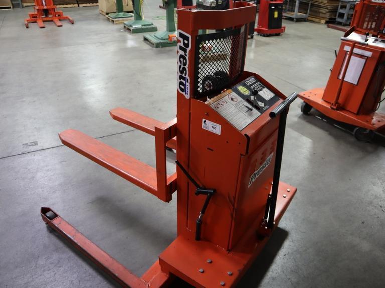 Presto WPS5036-20 Electric Stacker Lift Truck, 2,000# Cap, 36" Lift Height, 42" Forks, 50" Between Outriggers, 12 Volt Battery and Charger- Auction Item