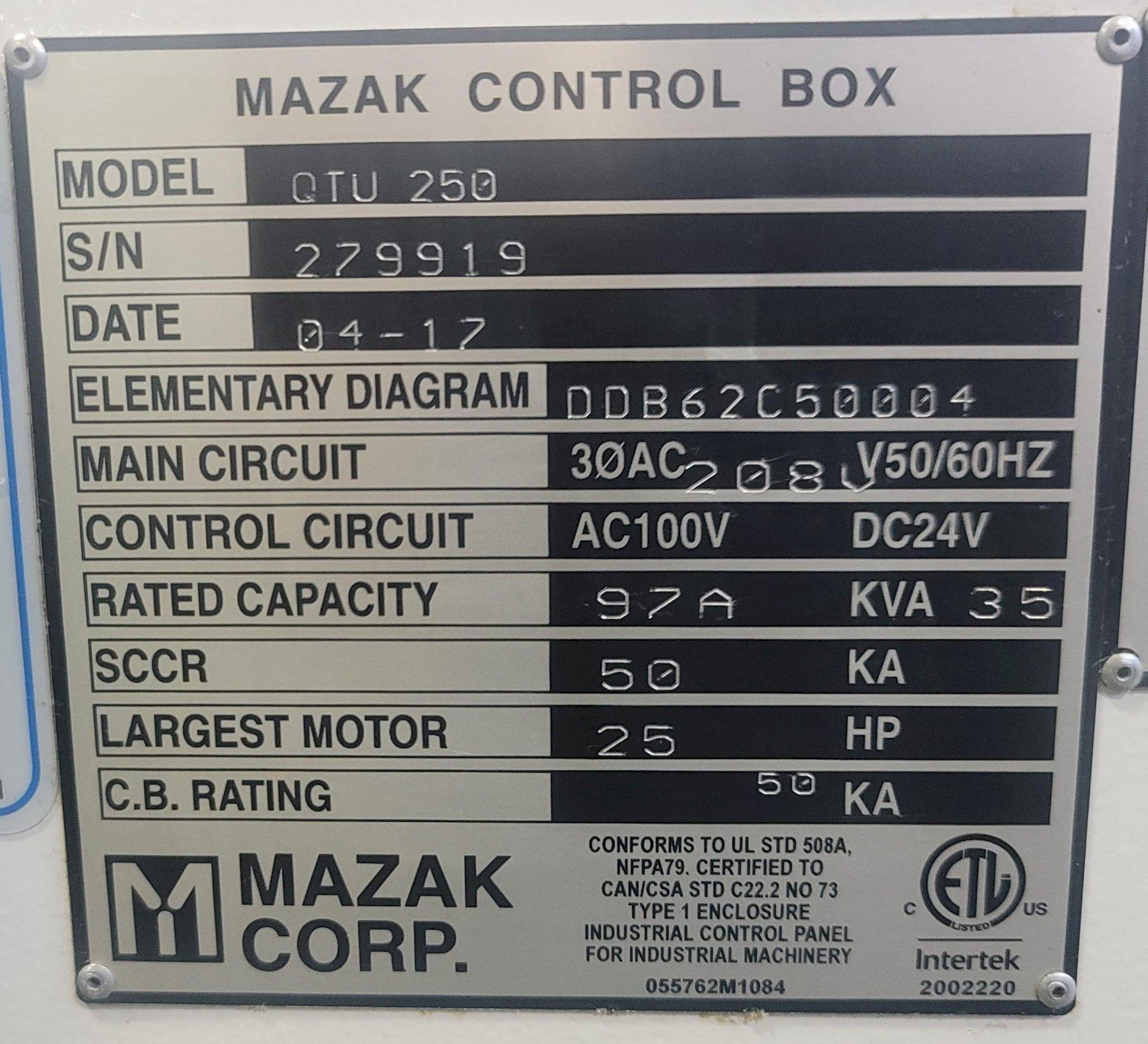 MAZAK QTU-250 CNC TURNING CENTER, Mazatrol Smooth CNC Control, 8" 3-Jaw Chuck, 27" Swing, 24" Between Centers, 2" Bar Capacity, 20 HP Spindle, 4500 RPM, 12-Position Turret, Tool Setter, Auto Door, Chip Conveyor, New 2017.