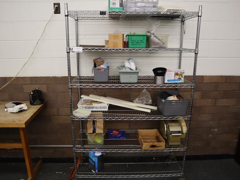 Rolling Wire Racking Unit with 6 Adjustable Shelves and Assorted Contents- Auction Item