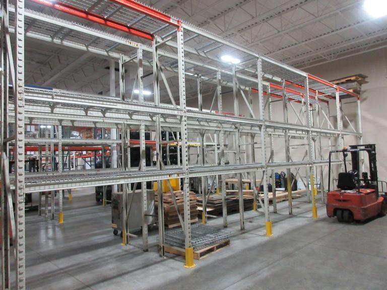 Pallet Racking Back to Back, Tab and Slot Style (12) 14'x32" Uprights, (30) 8' Shelves with Wire Decking, *No Contents*- Auction Item