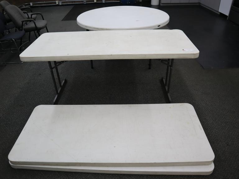 Lifetime White Plastic Top Folding Tables, (3) Rectangle 72" x 30" x 29", (1) Round 60" x 29"- Auction Item