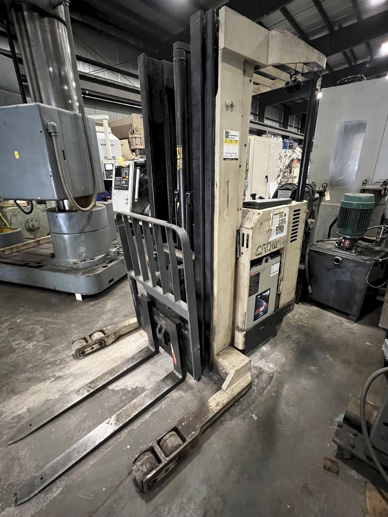 4500 lb CROWN NARROW AISLE STAND UP RIDER ELECTRIC FORK LIFT, MODEL 45RRTT,  24" REACH, 198" LIFT