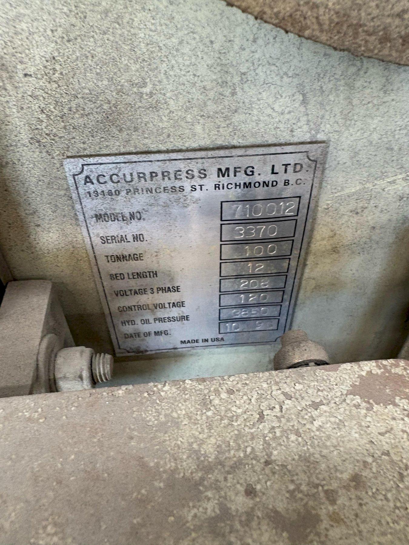1 - PREOWNED ACCURPRESS CNC HYDRAULIC PRESS BRAKE, MODEL #: 710012, S/N: 3370