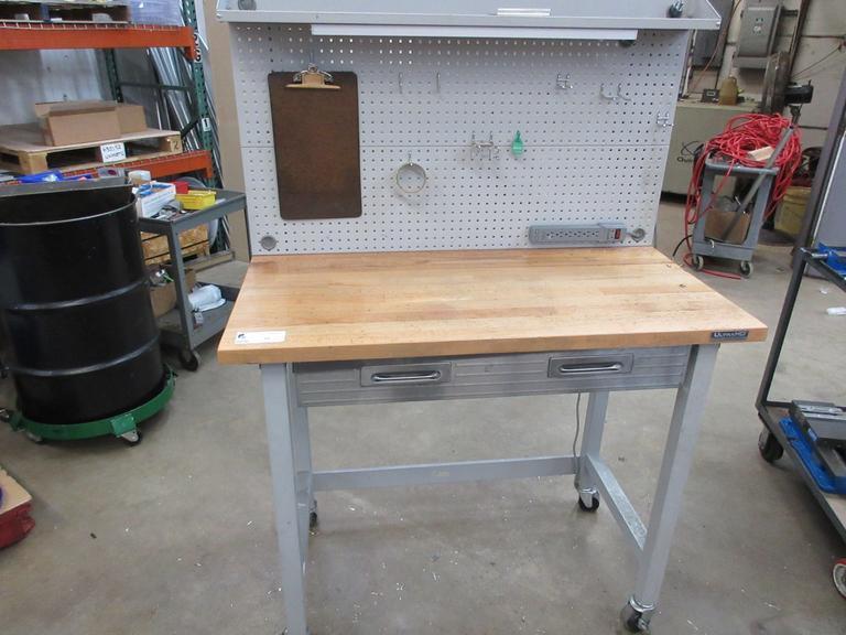 Portable Work Bench with Maple Top, Upper Shelf, Drawer, Work light- Auction Item