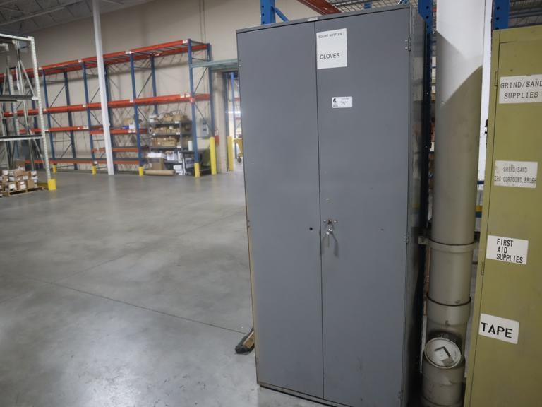 Metal 2 Door Storage Cabinet with Contents of Work Gloves, Box Stapler and Hand Tools- Auction Item