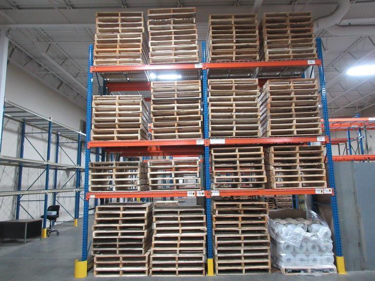 Pallet Racking Back to Back,  Teardrop Style (8) 16'x42" Uprights, (12) 8' Shelves with Wire Decking, *No Contents*- Auction Item