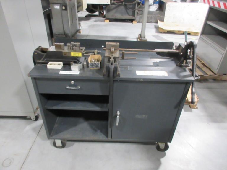 JF Helmold & Bro -Tool & Die Attachments - Die Forming, Notching, Shear - Mounted On Heavy Duty Storage Work Bench- Auction Item