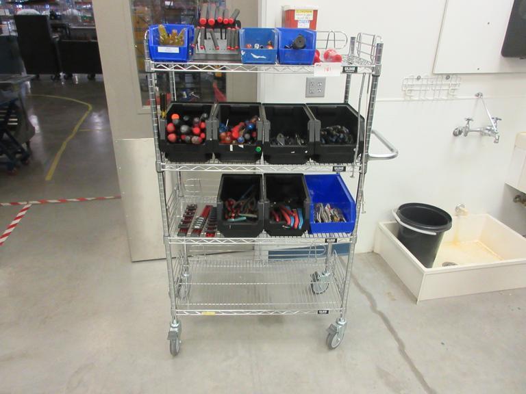 Hand Tools, Large Assortment including Screw Drivers, Pliers, Channel Locks, Vise Grips and MORE on Uline 4-Shelf 36" x 18" x 60" Metal Wire Rolling Cart- Auction Item