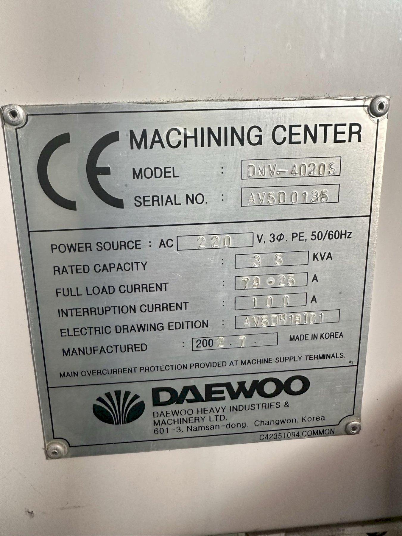 DAEWOO DMV-4020S CNC VERTICAL MACHINING CENTER, Fanuc 18iM CNC Control, 47" x 20" Table, X=40", Y=20", Z=20", CAT 40 Taper, 10,000 Max Spindle RPM, 30 ATC, Coolant System & Chip Pan, New 2002.