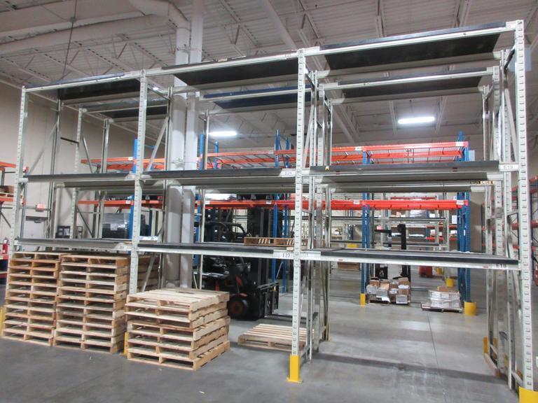 Pallet Racking Back to Back, Tab and Slot Style (8) 14'x32" Uprights, (18) 8' Shelves with Steel Plate Decking, *No Contents*- Auction Item