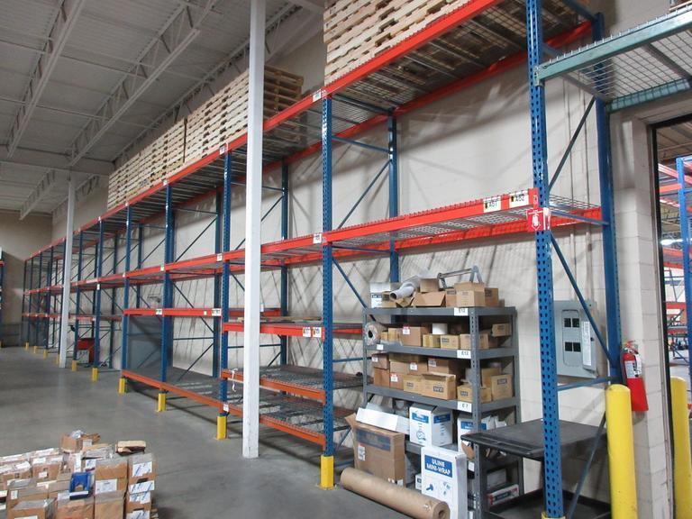 Pallet Racking, Teardrop Style (12) 14'x42" Uprights, (70) 8' Cross Members, Wire Decking, *No Contents*- Auction Item