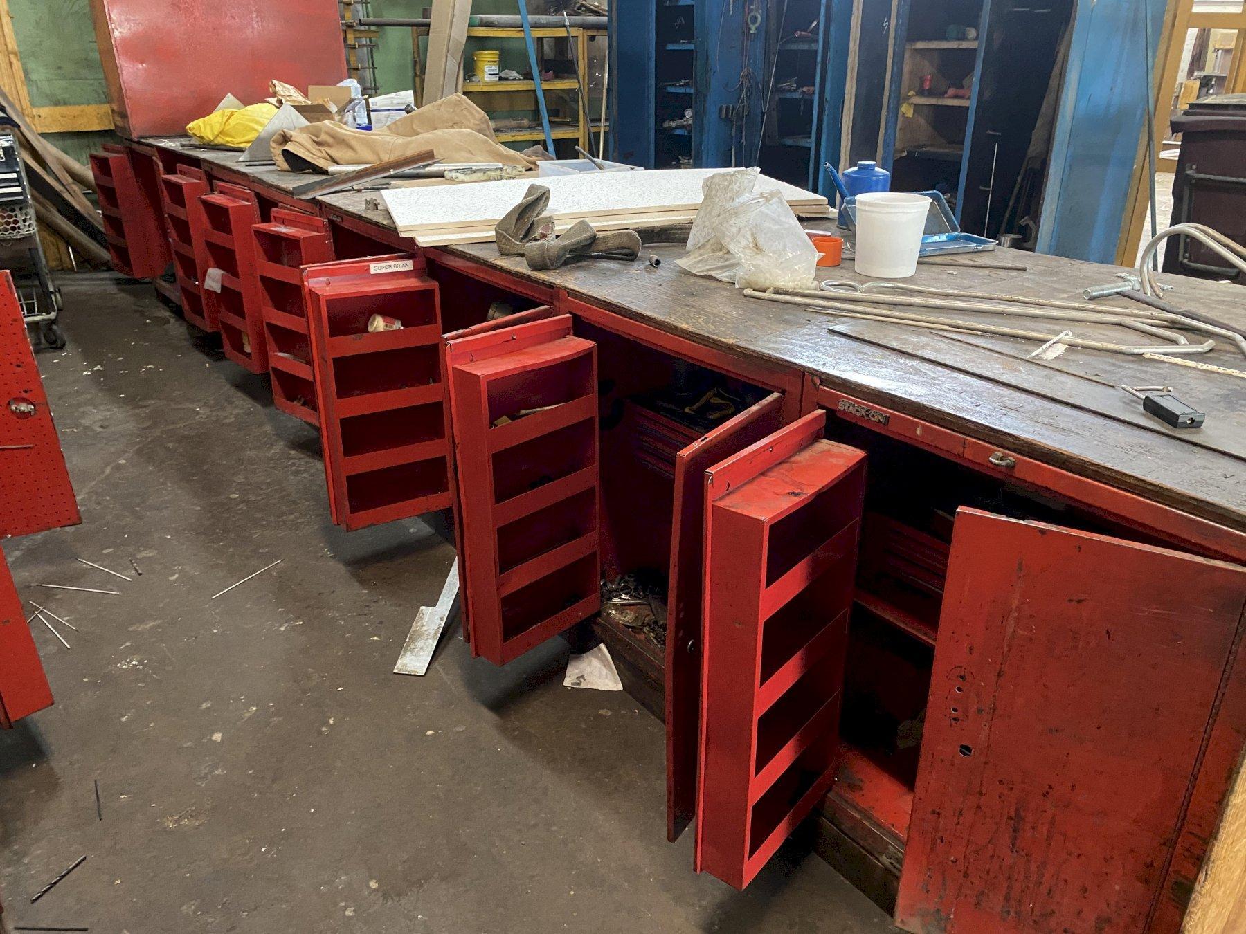 Stack-On Cabinets, Set of 22,  28” w x 18” d, w/ Drawers, Doors, Pegboard and Shelves