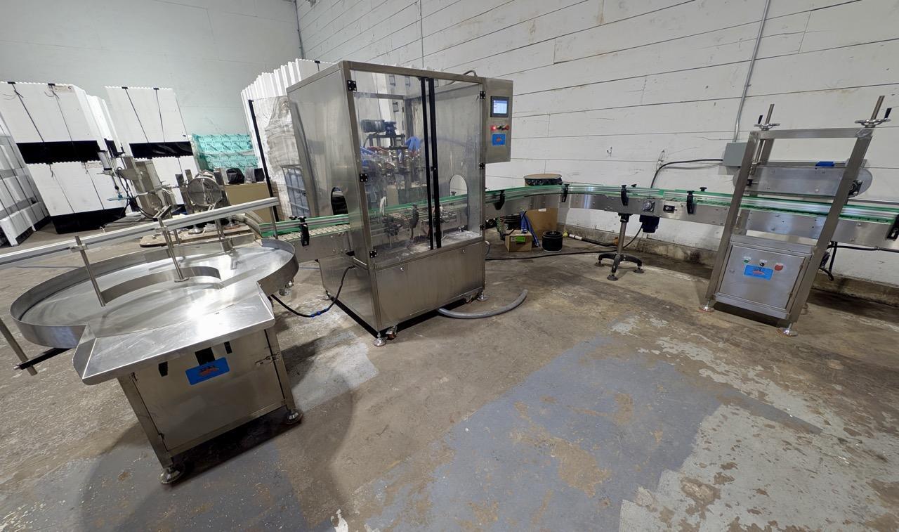 Liquid Filling Line with Automatic 4 Nozzle Servo Gear Pump Filler, Lid Presser, Labeler, Turntables, and Conveyors, 2024