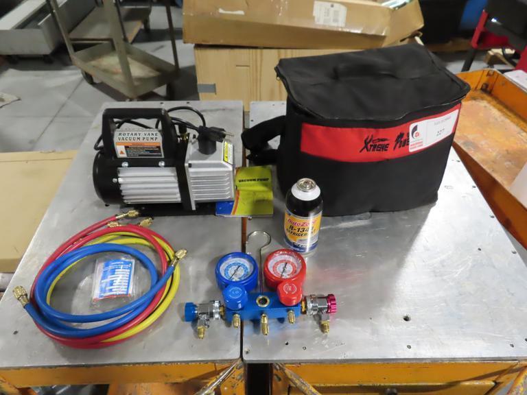Rotary Vane Vacuum Pump with R134A Manifold Gage Set, Refrigerant Charging Hose Set and R-134A Refrigerant and Case.- Auction Item