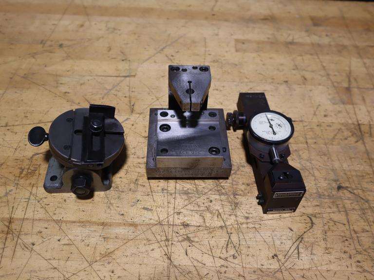 Inspection Fixtures (3pcs), (1) Mueller Model 77M Shallow Bore Gage .5" - 3.5", (1) Travel Indicator Stand, (1) Geometric Style A, Tilting 3" Rotary Table- Auction Item