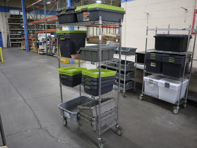 Uline Wire Rack Cart with 4 Shelves and Plastic Totes- Auction Item