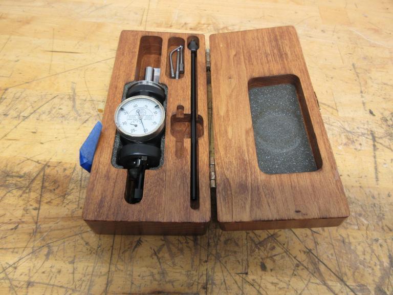 Blake Mfg. Coaxial Indicator .0005" Increments, .125" Travel Range, 1-3/8" Face with Stylus Points in Wood Case- Auction Item