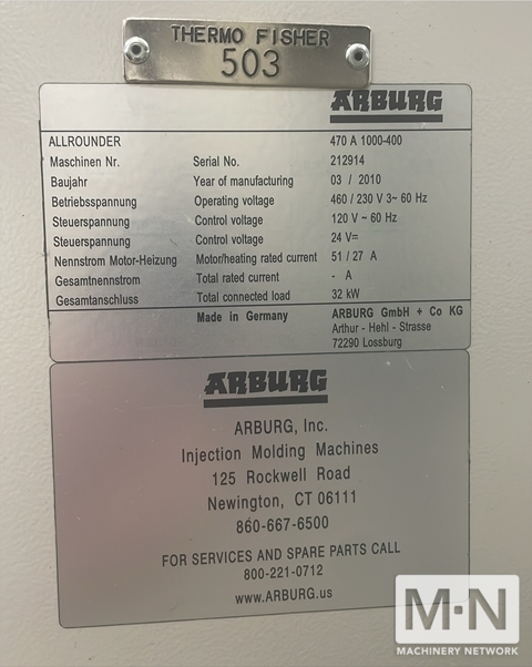 110 TON 8.8 OZ ARBURG MODEL 470A1000-400 SERVO ELECTRIC INJECTION MOLDING MACHINE MFG 2010