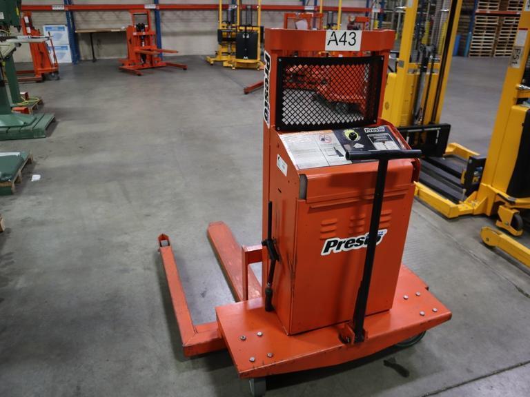 Presto WPS5036-20 Electric Stacker Lift Truck, 2,000# Cap, 36" Lift Height, 42" Forks, 50" Between Outriggers, 12 Volt Battery and Charger- Auction Item