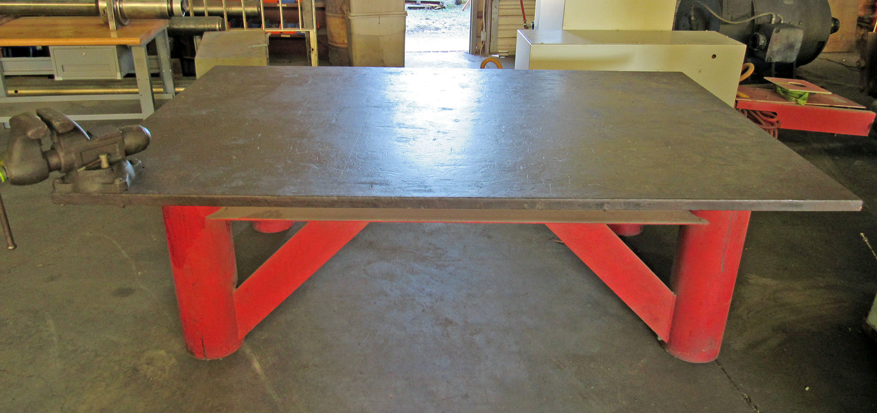USED, 96" X 60" X 30" HIGH HEAVY DUTY STEEL TABLE WITH VISE