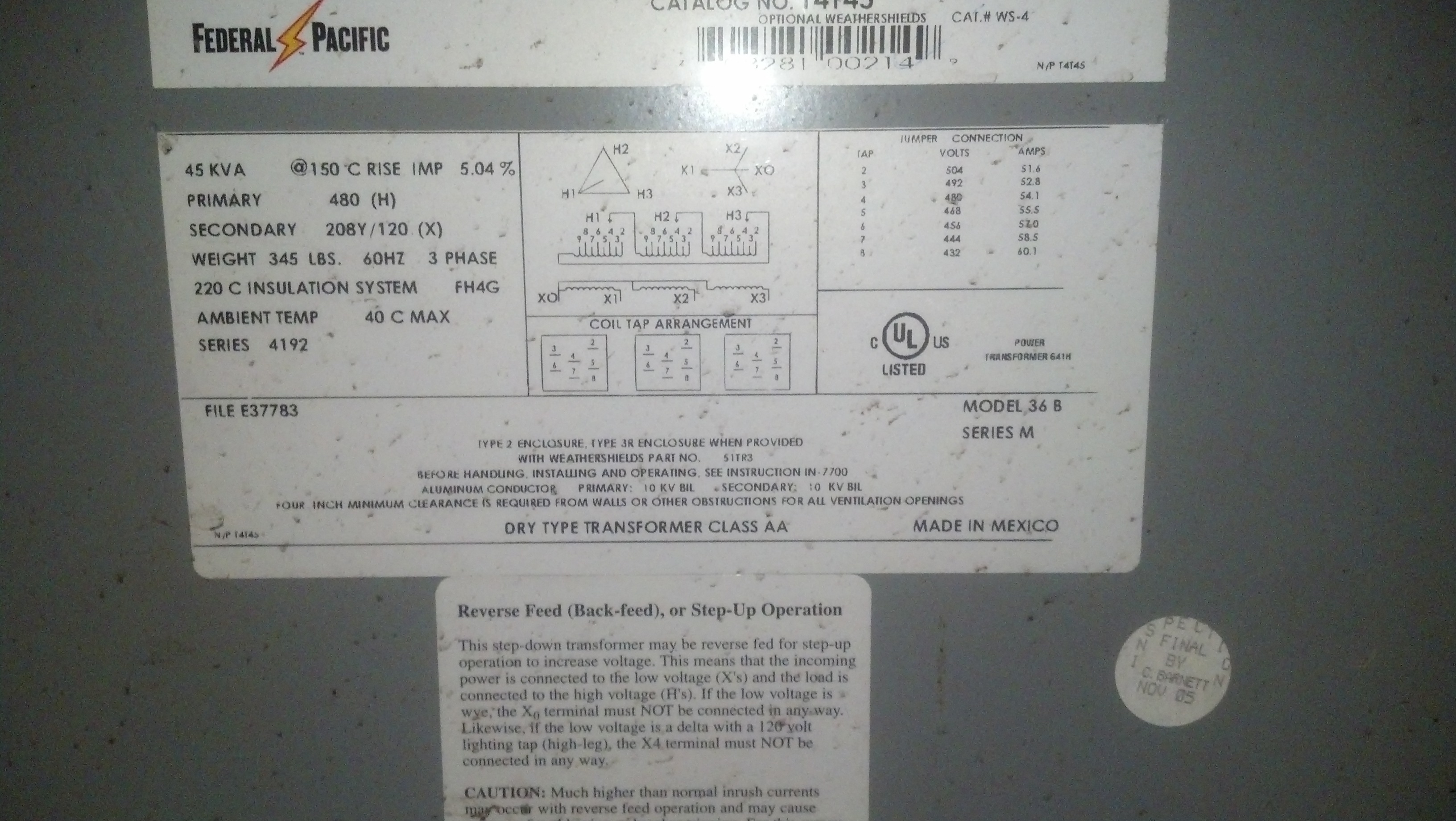 (1) PREOWNED FEDERAL PACIFIC TRANSFORMER,MODEL 45 KVA