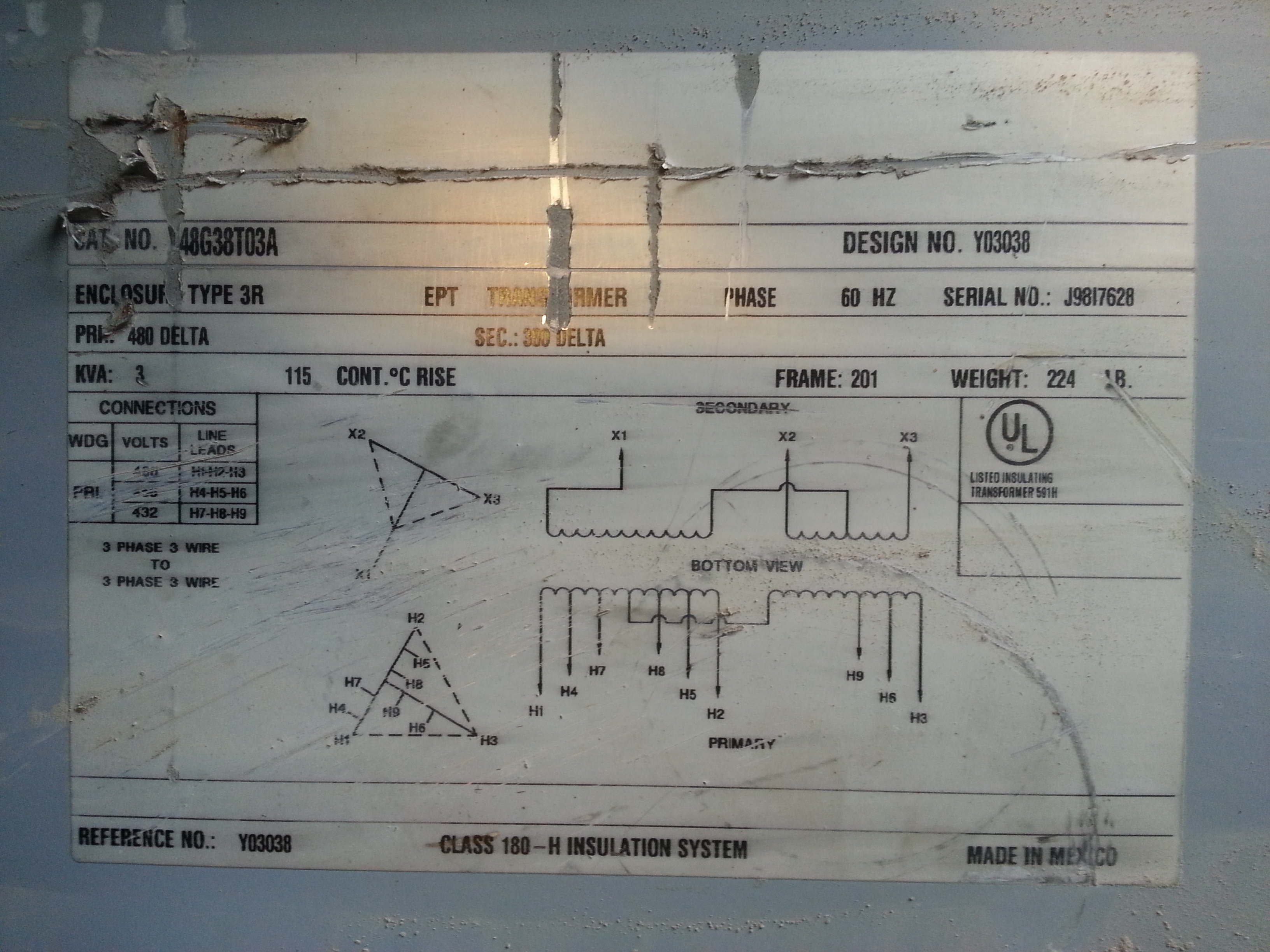 (1) PREOWNED CUTLER HAMMER, 3 PHASE TRANSFORMER, 3 KVA, <br>MODEL Y03038, SN J9817628