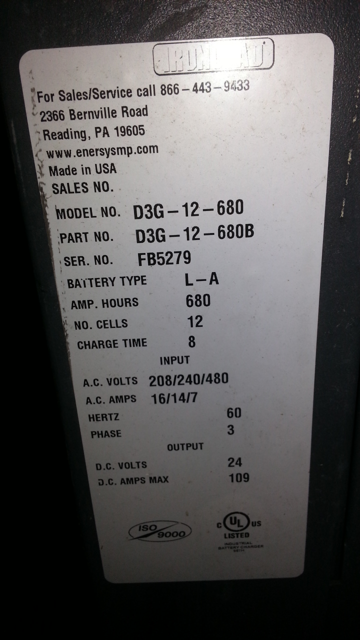 (1) PREOWNED EXIDE IRONCLAD DEPTH FORKLIFT CHARGER, MODEL <br>D3G-12-680, S/N FB5279
