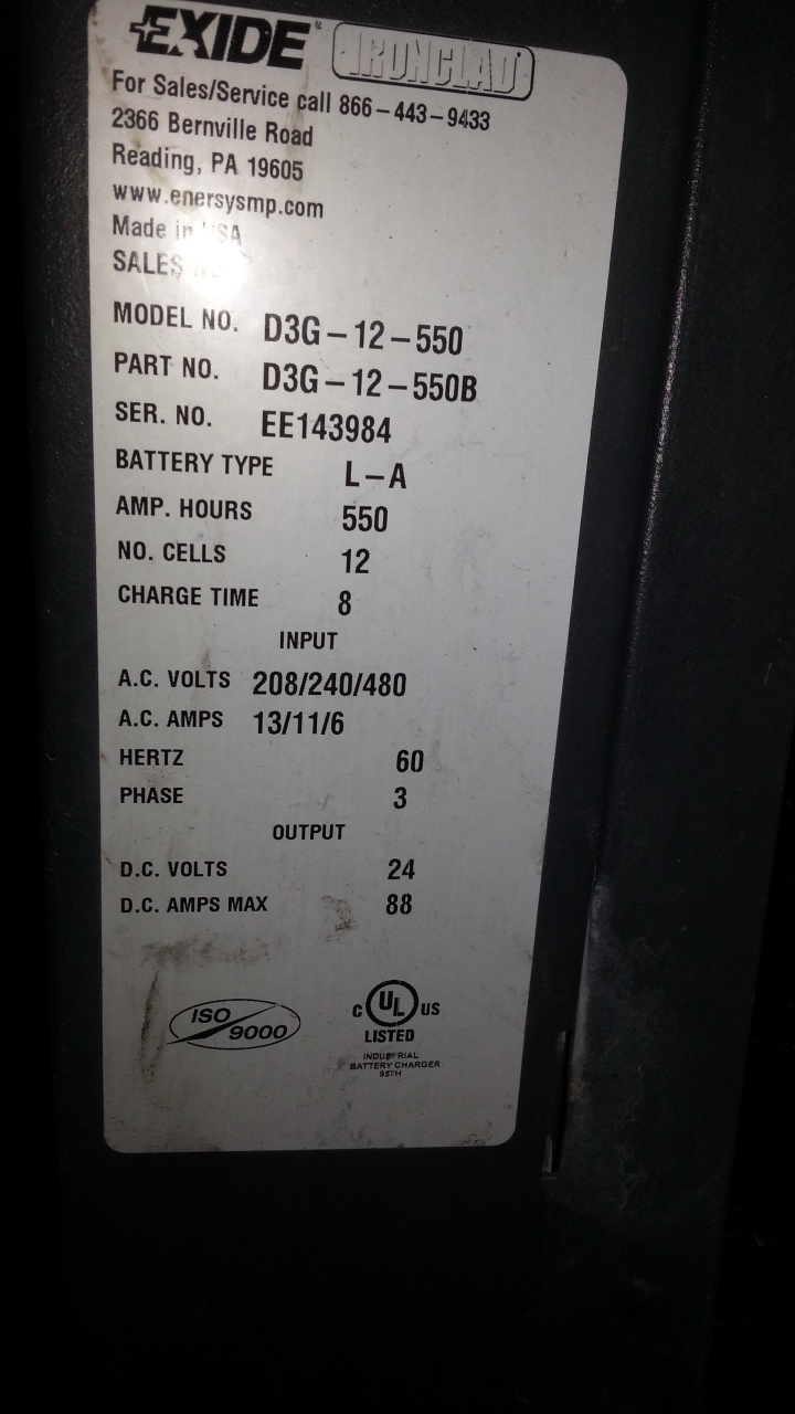 (1) PREOWNED EXIDE IRONCLAD DEPTH FORKLIFT CHARGER, MODEL <br>D3G-12-550, S/N EE143984