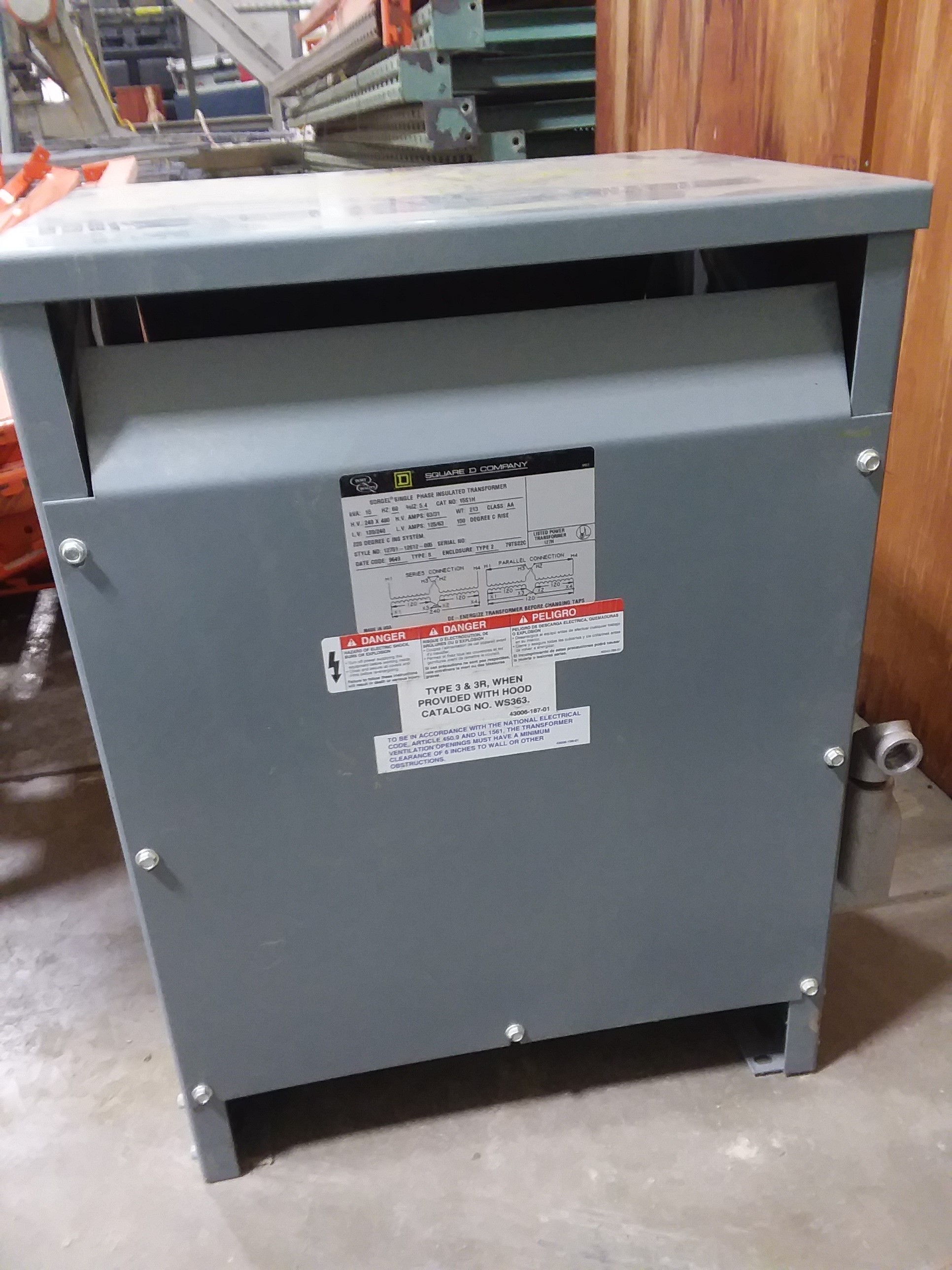 (1) PREOWNED SQUARE D SINGLE PHASE STEP DOWN TRANSFORMER, 15 KVA