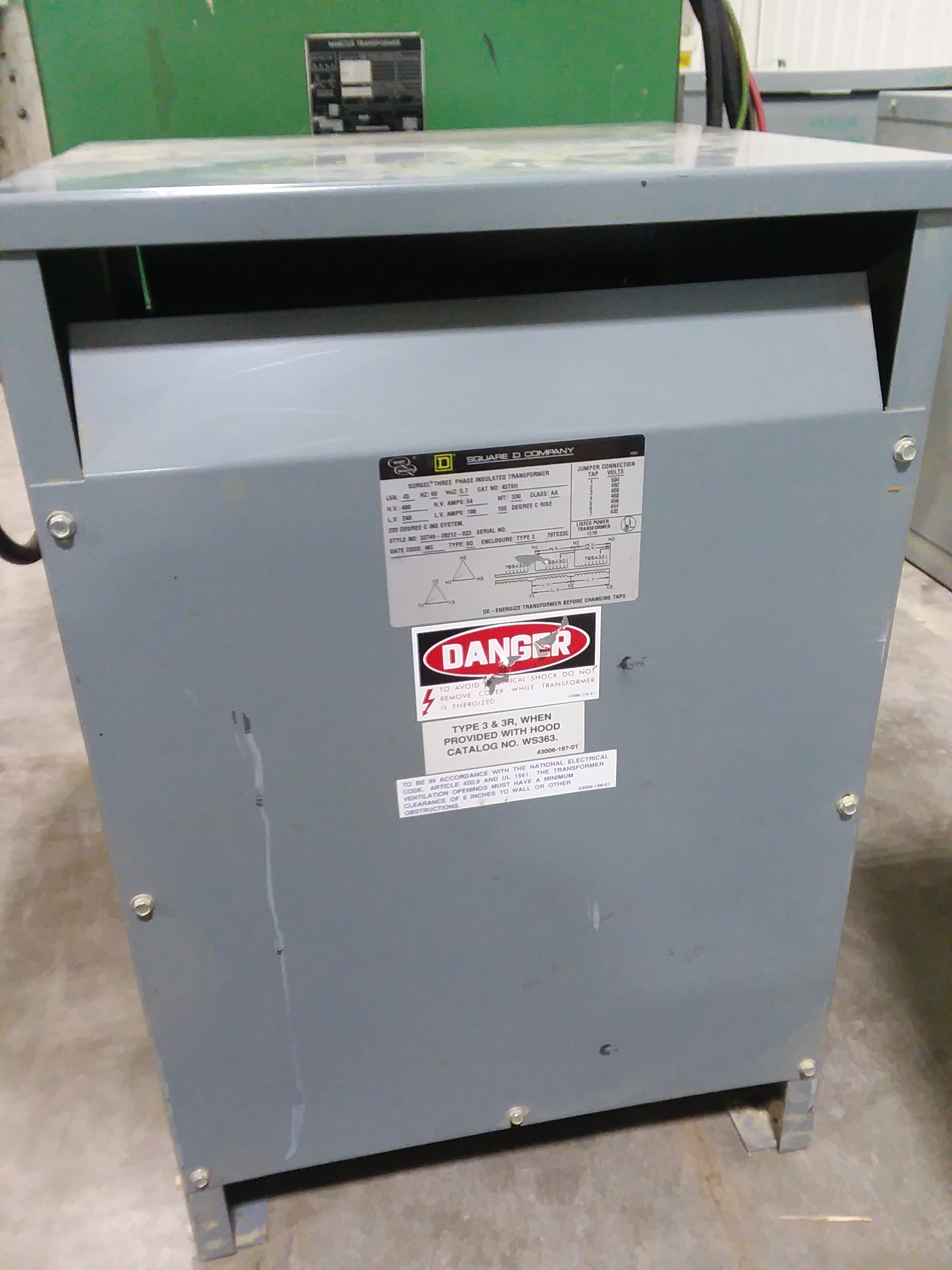 (1) PREOWNED SQUARE D THREE PHASE TRANSFORMER, KVA 45