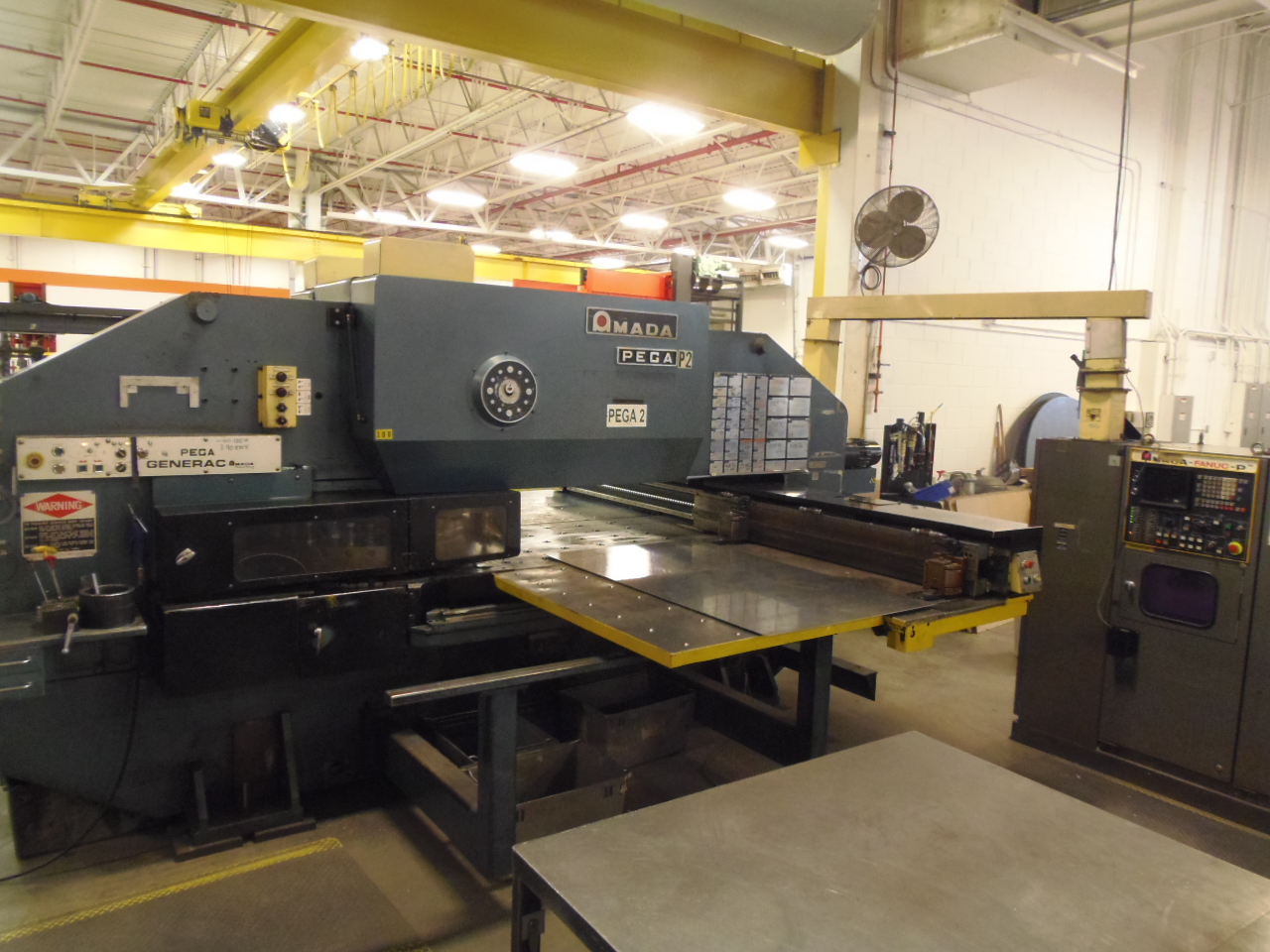 33 TON AMADA PEGA, 50" X 144" WITH REPO, .250" CAP., AMADA/FANUC-P CONTROL, MISC TOOLING