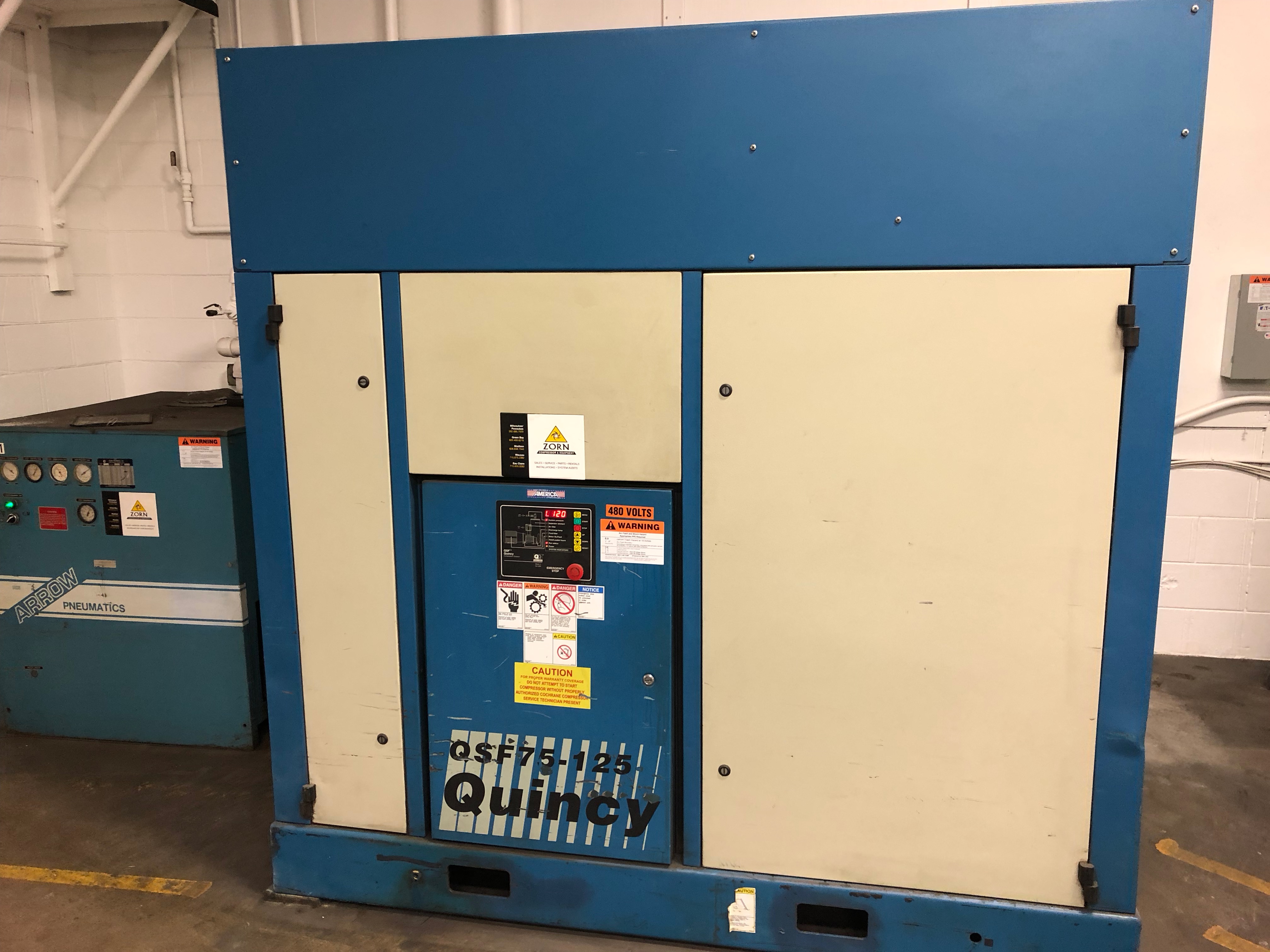 QUINCY 75 HP ROTARY SCREW COMPRESSOR, QSF75-125, 1999, 45,000 HOURS, ARROW 3512 DRYER, AS TAKEN RUNNING IN PLANT