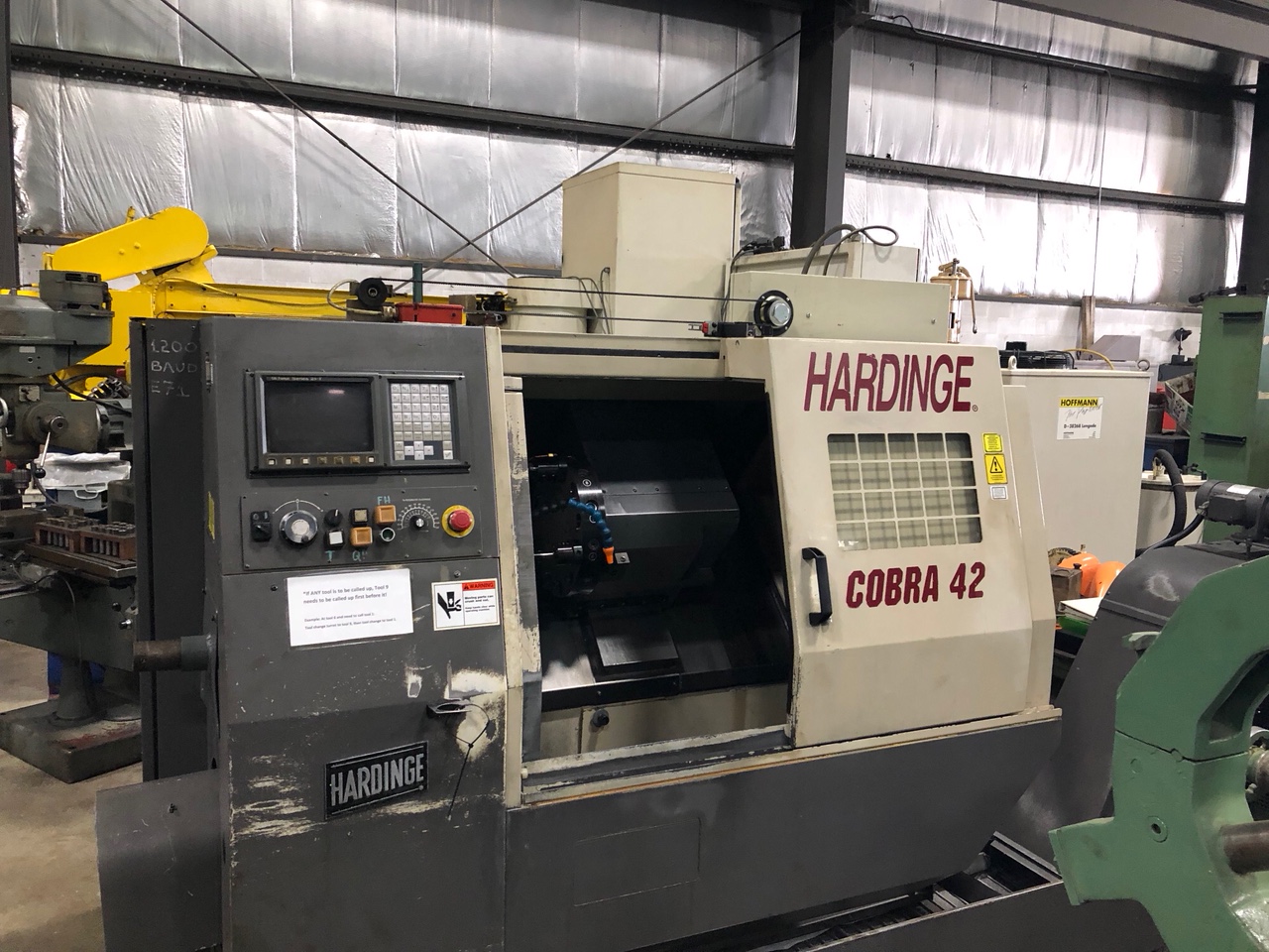 HARDINGE COBRA 42 , FANUC 21T CONTROL, CHIP CONVEYOR, TURRET, 5000 RPM, CHUCKER, 1997