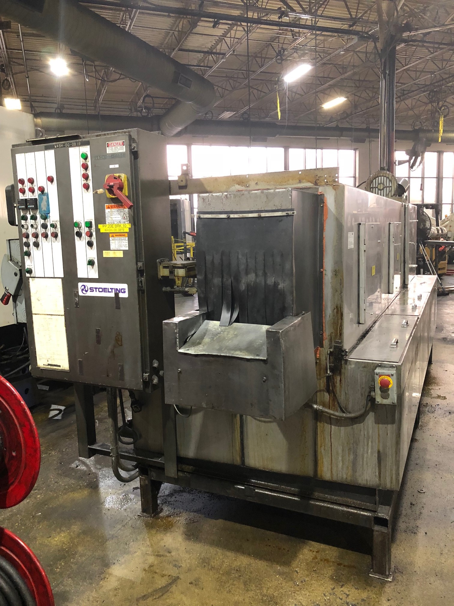 STOELTING 3 STAGE STAINLESS PASS THRU WASHER, WASH/RINSE/DRY, 12" X 12" PART, STAINLESS BELT