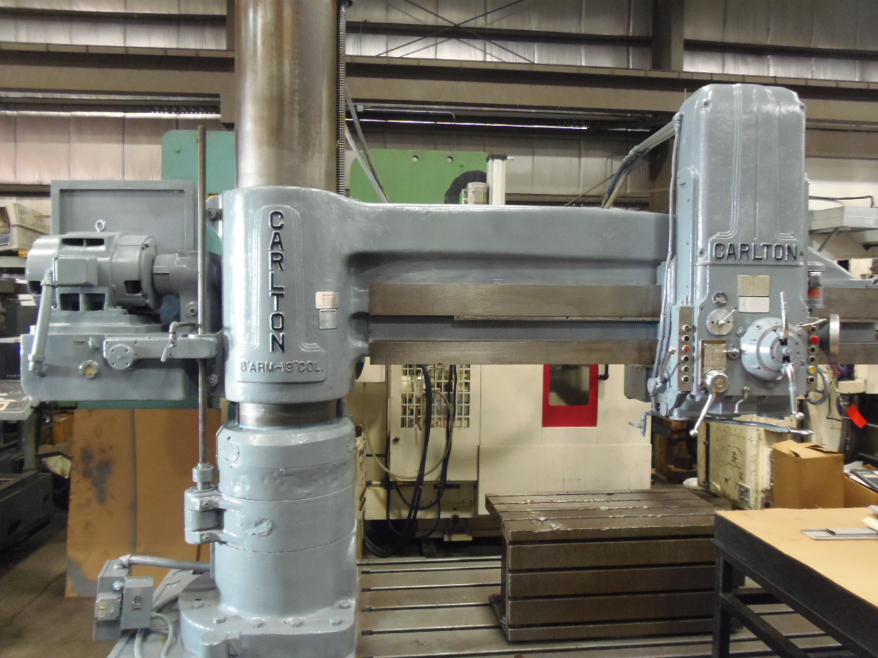 8' X 19" CARLTON 4A RADIAL ARM DRILL, 50HP MOTOR, BOX TABLE, 1979