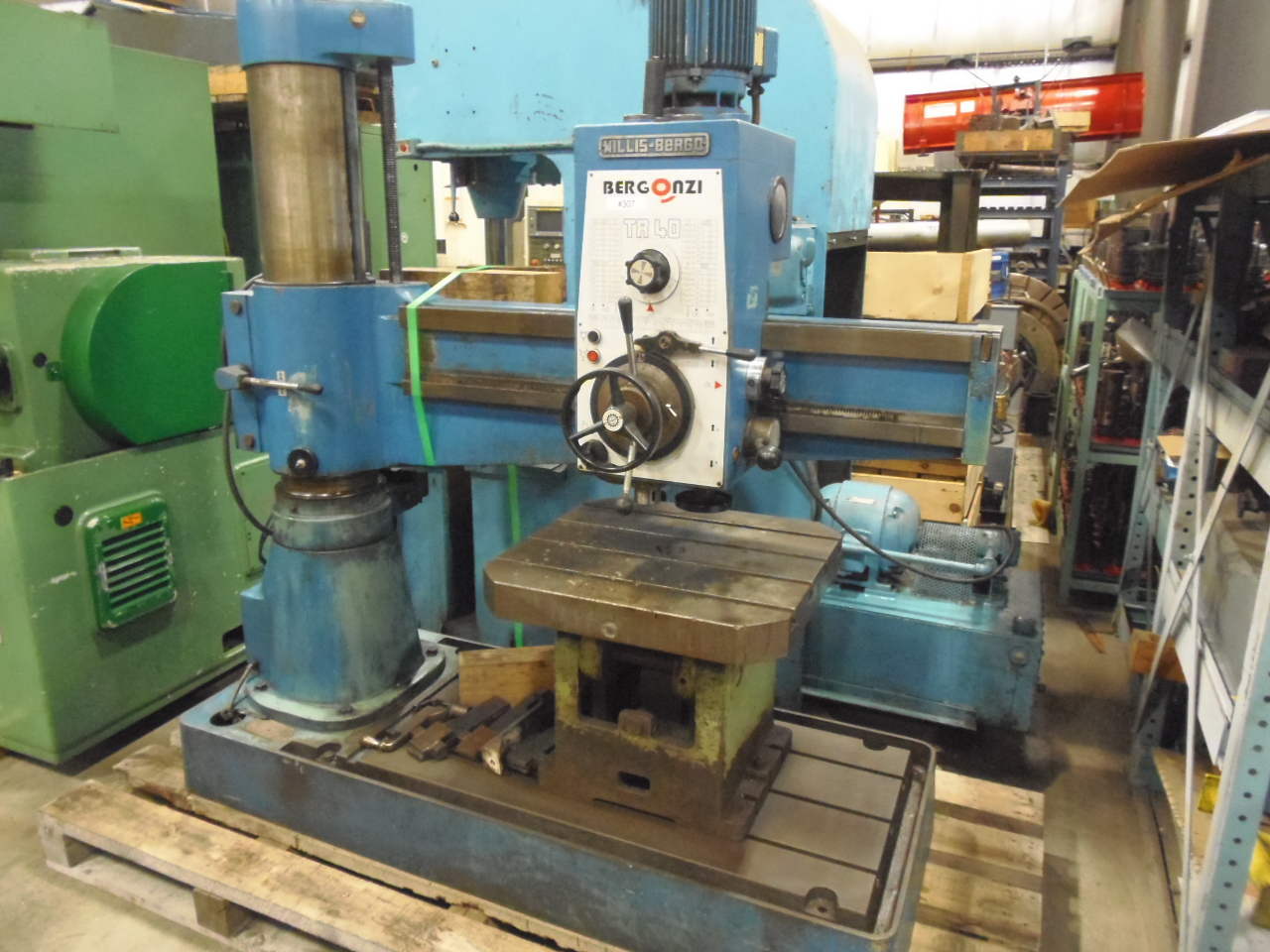 3' x 9" BERGONZI RADIAL ARM DRILL, MODEL TR-40, POWER MOVEMENTS, BOX TABLE