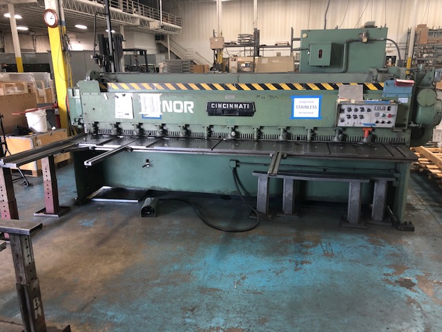 10 ga x 12' CINCINNATI MODEL 1012 MECHANICAL SHEAR, STACKING CONVEYOR, FOPBG, SQ. ARM, SUPPORT ARMS, MAG. SHEET SUPPORTS, 1974