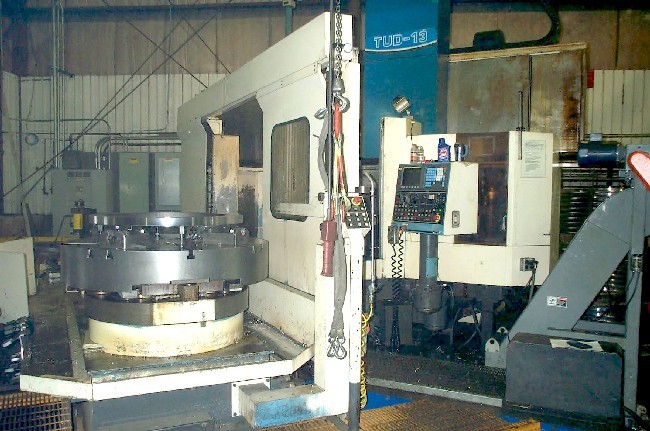 49" TOSHIBA MDL TUD-13, 63" SW, 50" HGHT UNDER ARM, 43" TURNING HGT, FANUC 15T-A CNC CTRL, 12 ATC W/RAM, 2 PALLET, 1992