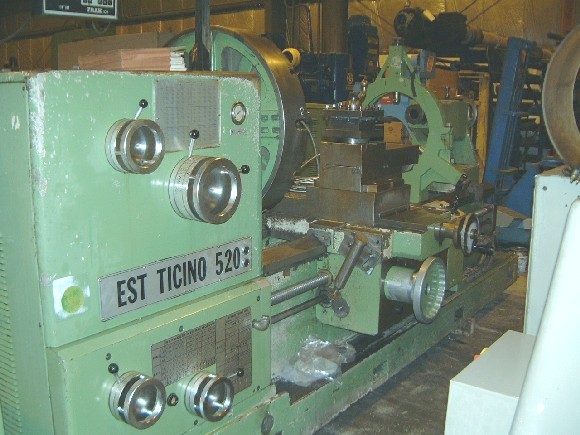 44" x 72" TUCINO, MDL EST-520, 5" HOLE, 20" CROSS SLIDE, TRAK 2-AXIS DRO, 4-JAW 32" & 3-JAW 16" CHKS, 8-600 RPM, STEADY REST