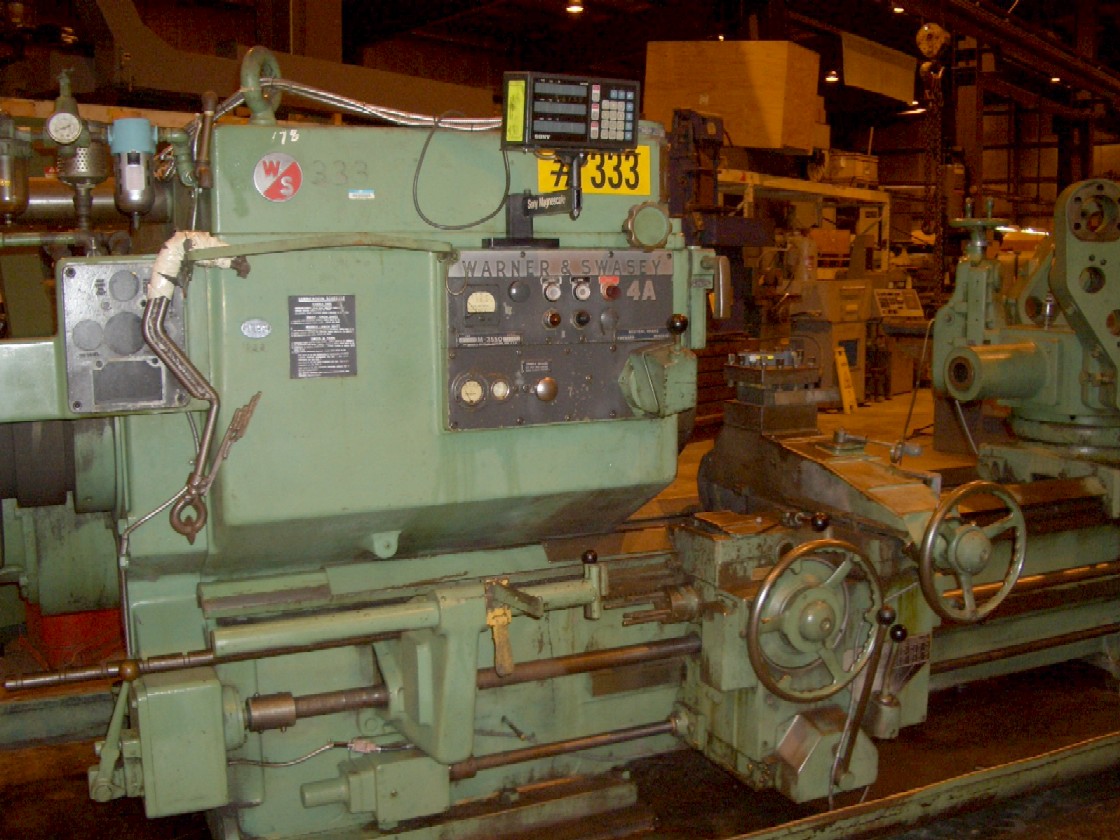 NO. 4A WARNER & SWASEY M3550, 28.25" SWOB, 22.75" SWOC, 80" TURNING LGHT, 526 RPM, 8" BORE, 3 AXIS SONY DRO, RAPID TRAV., 4 WAY
