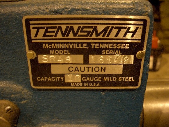 4' 16 GA. TENNSMITH, MDL SR48, 48" LENGTH, 3" DIA., ADJ. LOWER ROLL, MANUAL DROP END, 1998