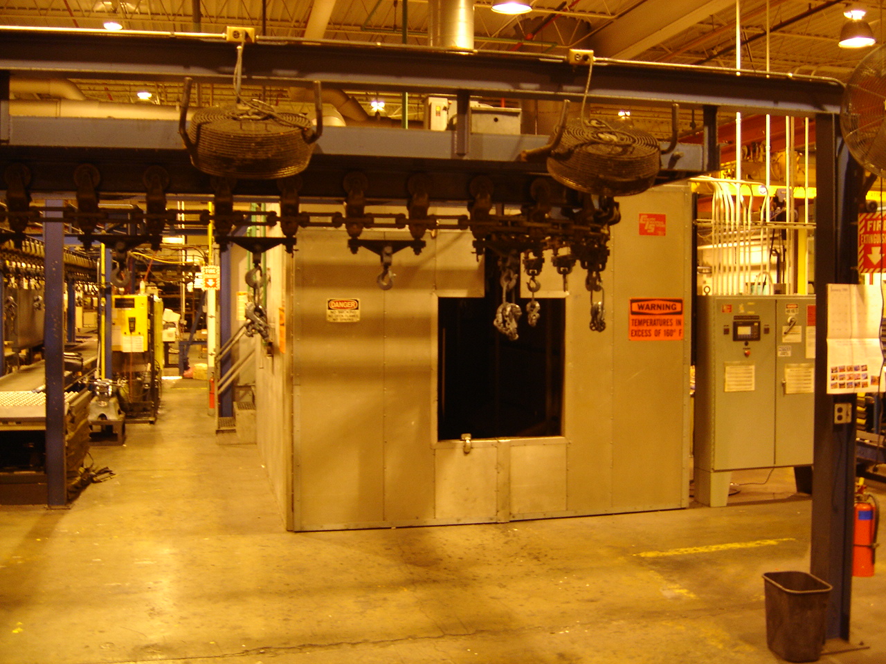 ELECTROSTATIC PAINT LINE, DEVILBISS BLEEKER 14'W x 9'H x 16'L BOOTH, P-MIX PROPORTIONING PAINT SYS, CIS INFRARED OVEN 15' LONG, 2400 LB HANGING CVYR