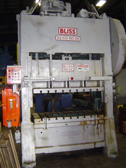 100 TON BLISS S2-100 STRAIGHT SIDE DOUBLE CRANK PRESS, 60" X 36" BED, 20.5" SHUT HEIGHT, 6" STROKE, 42 SPM