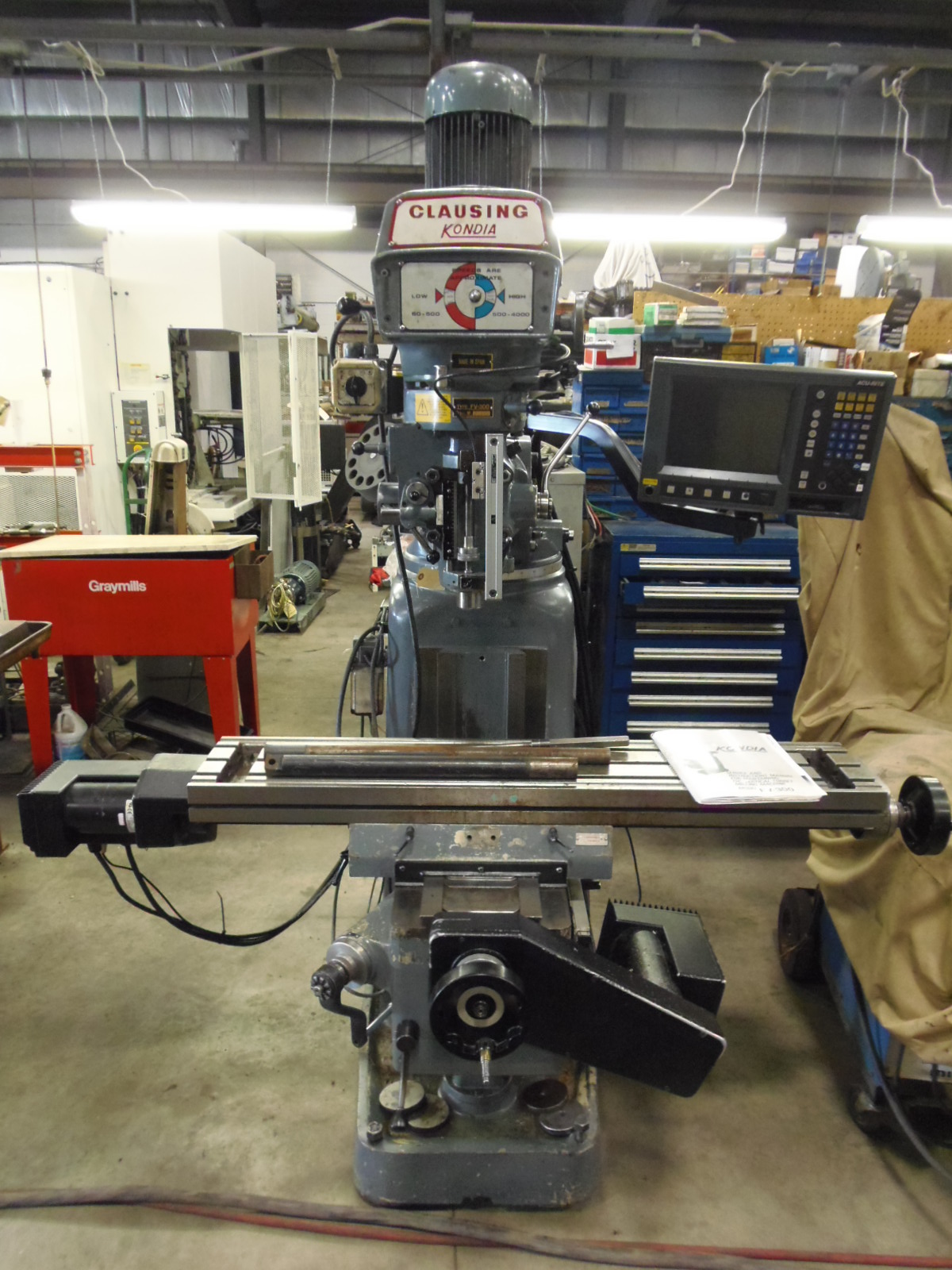 KONDIA CLAUSING FV-1 MILL, 2 AXIS ACCURITE CNC, 9" X 49" TABLE, 3HP, 4000 RPM, 1993