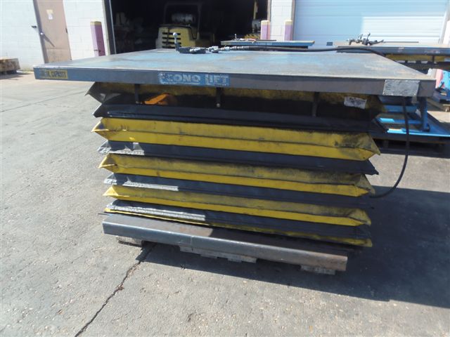 ECONO LIFT AIR OPERATED LIFTING TABLE, 50" X 60", 6000LB. CAP, SAFETY SKIRT, 36" LIFT HEIGHT, FORK POCKETS, 2005